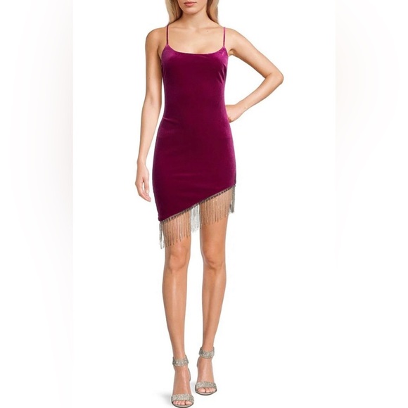 NWT City Vibe Velvet Fringe Asymmetrical Hem Bodycon Dress in Berry, size 11 - Picture 1 of 15